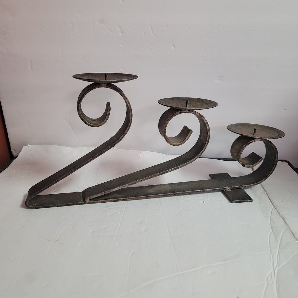 Pair MCM Large Wrought Iron 3 Candle Holder 17" x 9" Heavy Bruitalist Style - Picture 3 of 8